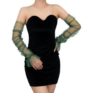 Women's Green Pearl Tulle Mesh Long Sheer Gloves Fingerless Wedding Party Tea